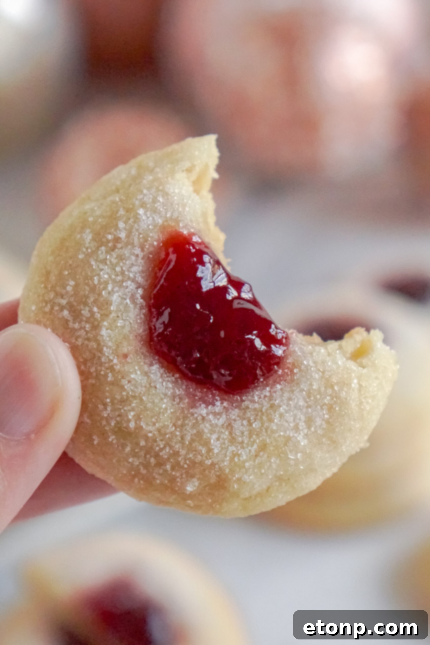 A close-up shot of a Raspberry Thumbprint Cookie with a bite missing.
