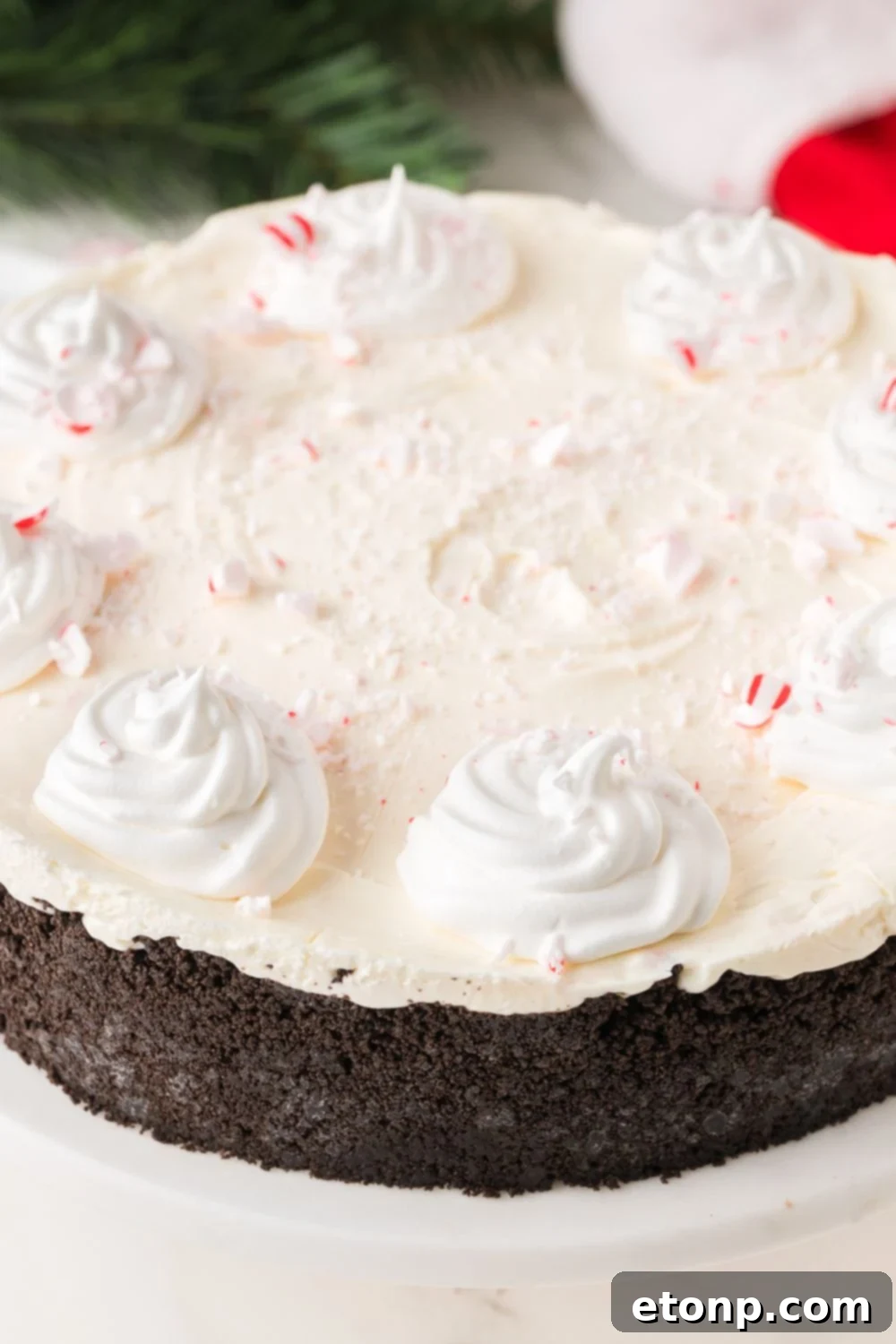 Peppermint Dream Cheesecake: A Festive No-Bake Delight 13 No Bake Peppermint Cheesecake on a platter with candy canes