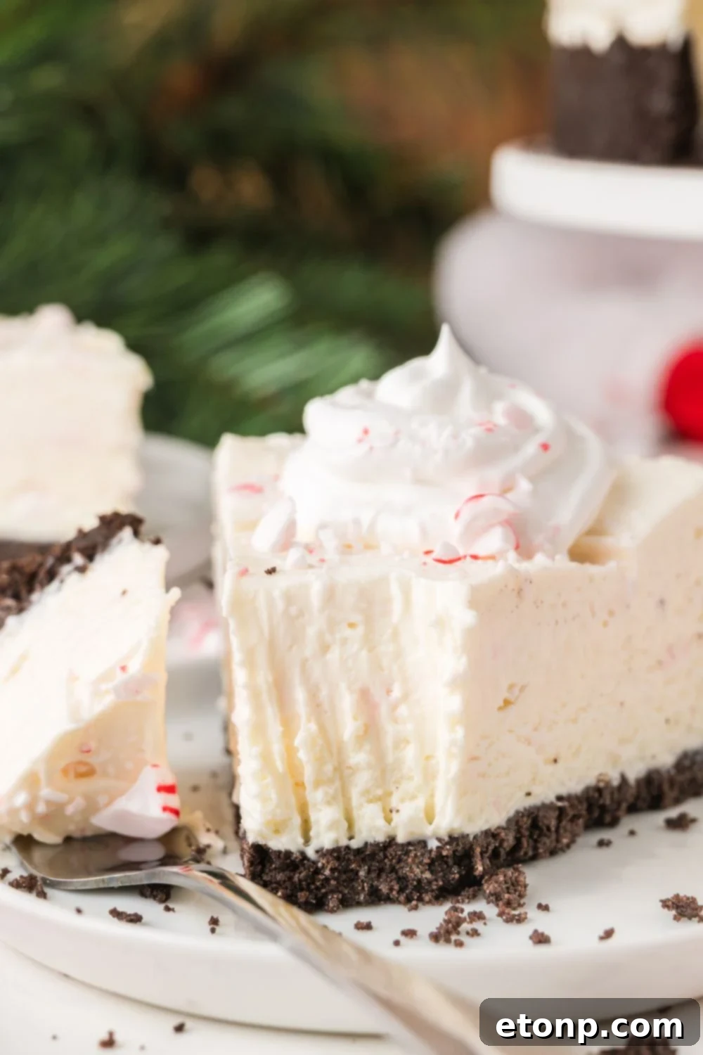 Peppermint Dream Cheesecake: A Festive No-Bake Delight 17 Slice of No Bake Peppermint Cheesecake on a plate