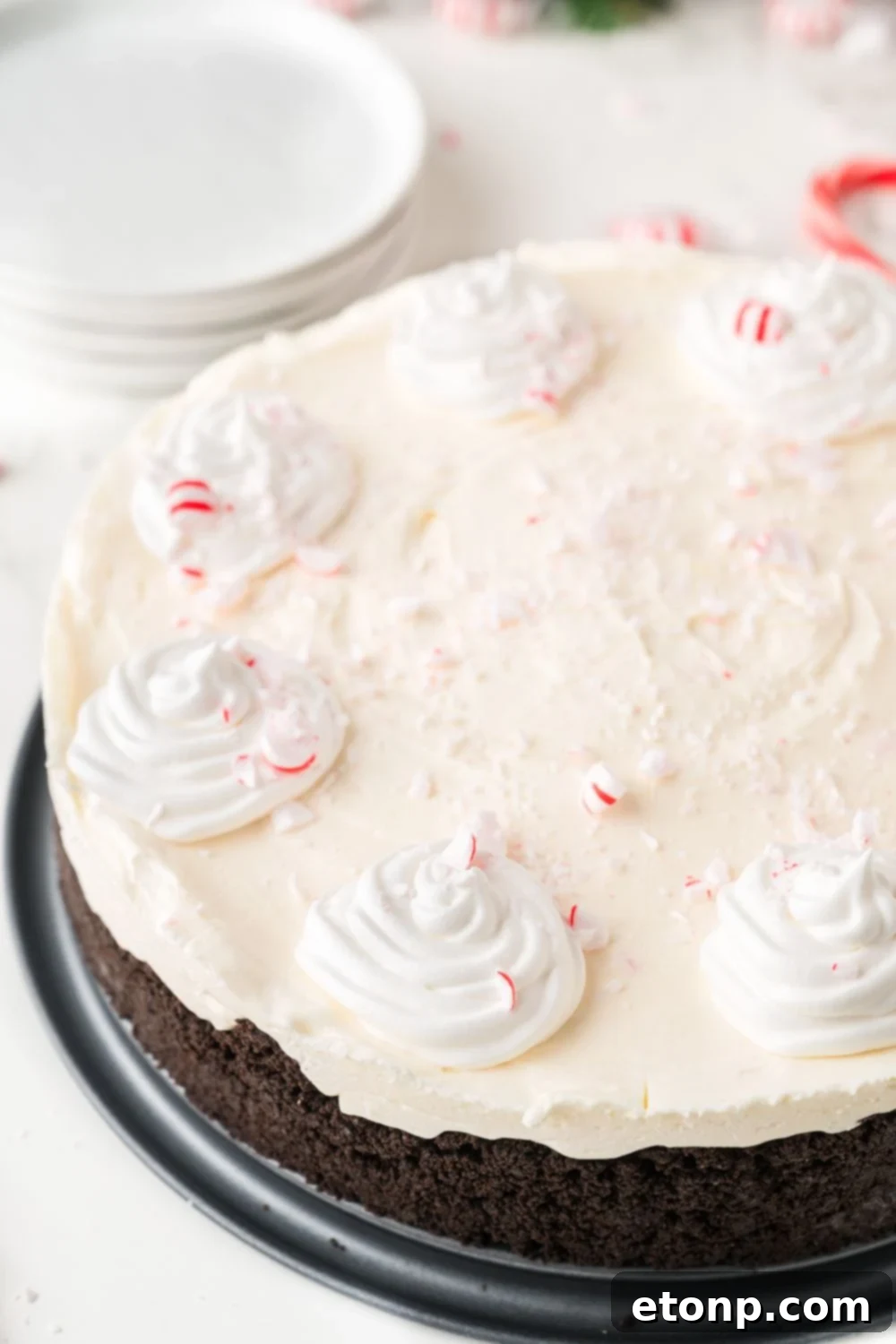 Peppermint Dream Cheesecake: A Festive No-Bake Delight 24 No Bake Peppermint Cheesecake on a table with plates
