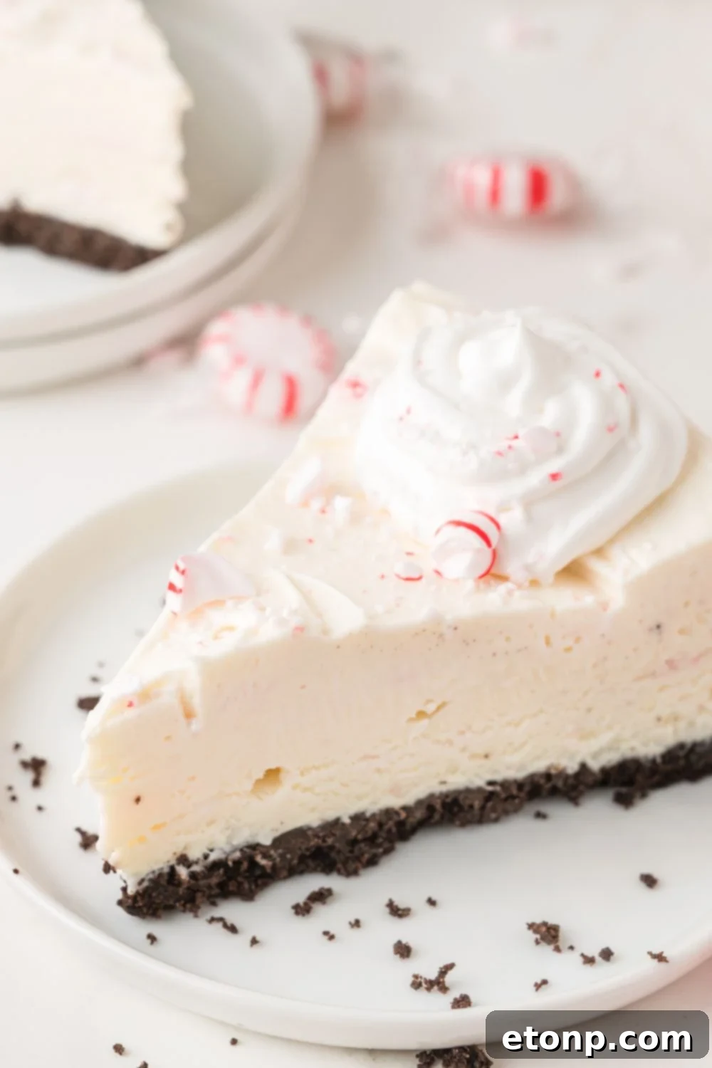 Peppermint Dream Cheesecake: A Festive No-Bake Delight 25 Slice of No Bake Peppermint Cheesecake with candy canes
