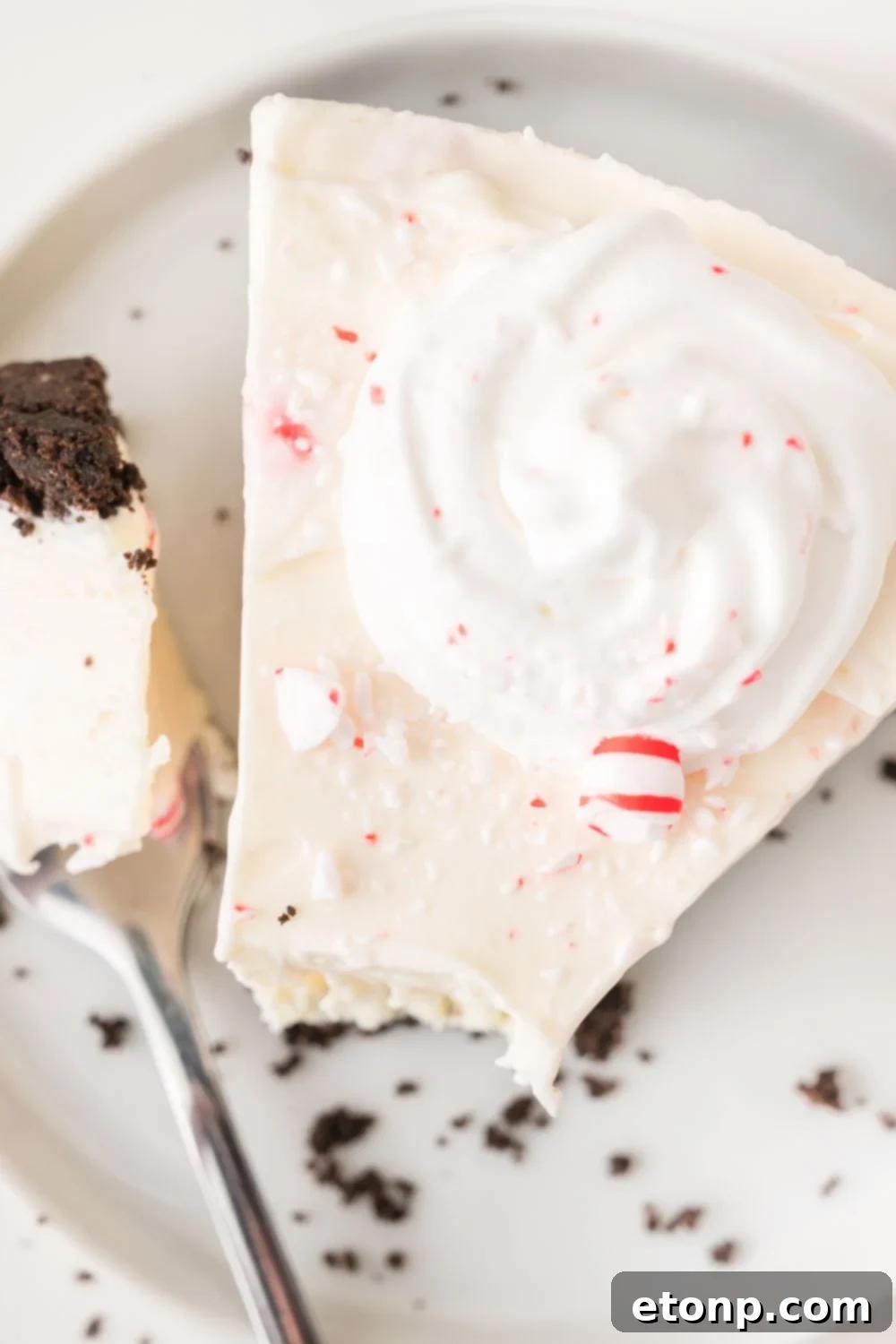 Peppermint Dream Cheesecake: A Festive No-Bake Delight 5 Slice of No Bake Peppermint Cheesecake with a fork