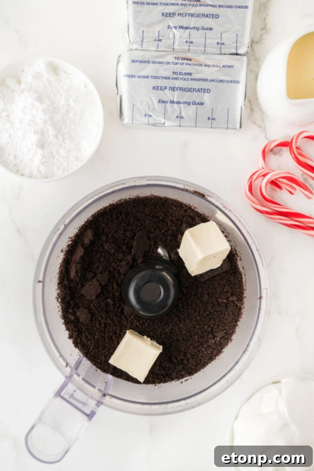 Peppermint Dream Cheesecake: A Festive No-Bake Delight 7 Oreos and butter in a food processor