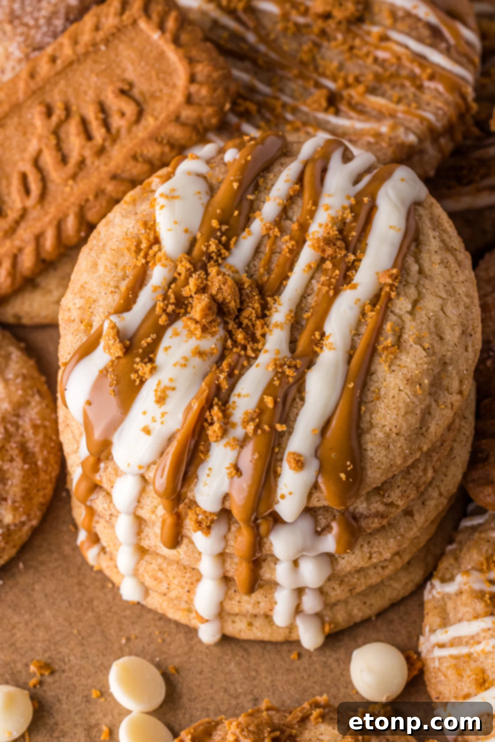Biscoff Bliss: Soft-Baked Cinnamon Butter Cookies 2 Biscoff Snickerdoodle Cookies drizzled with white chocolate and melted biscoff