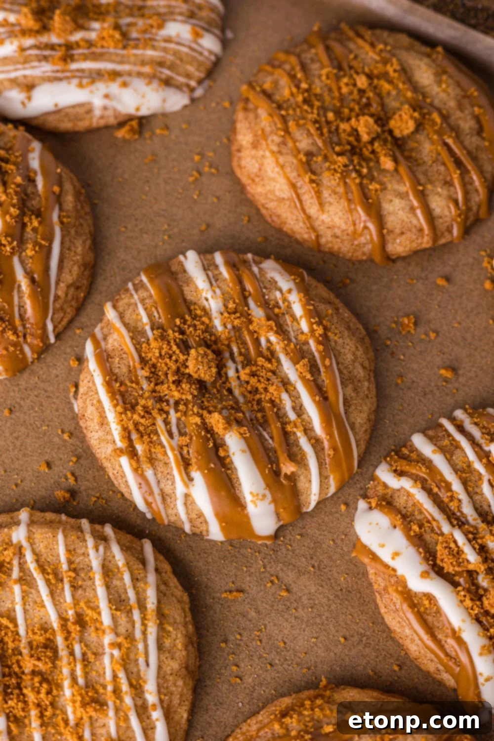 Biscoff Bliss: Soft-Baked Cinnamon Butter Cookies 16 Close up of Biscoff Snickerdoodle Cookies on a baking sheet