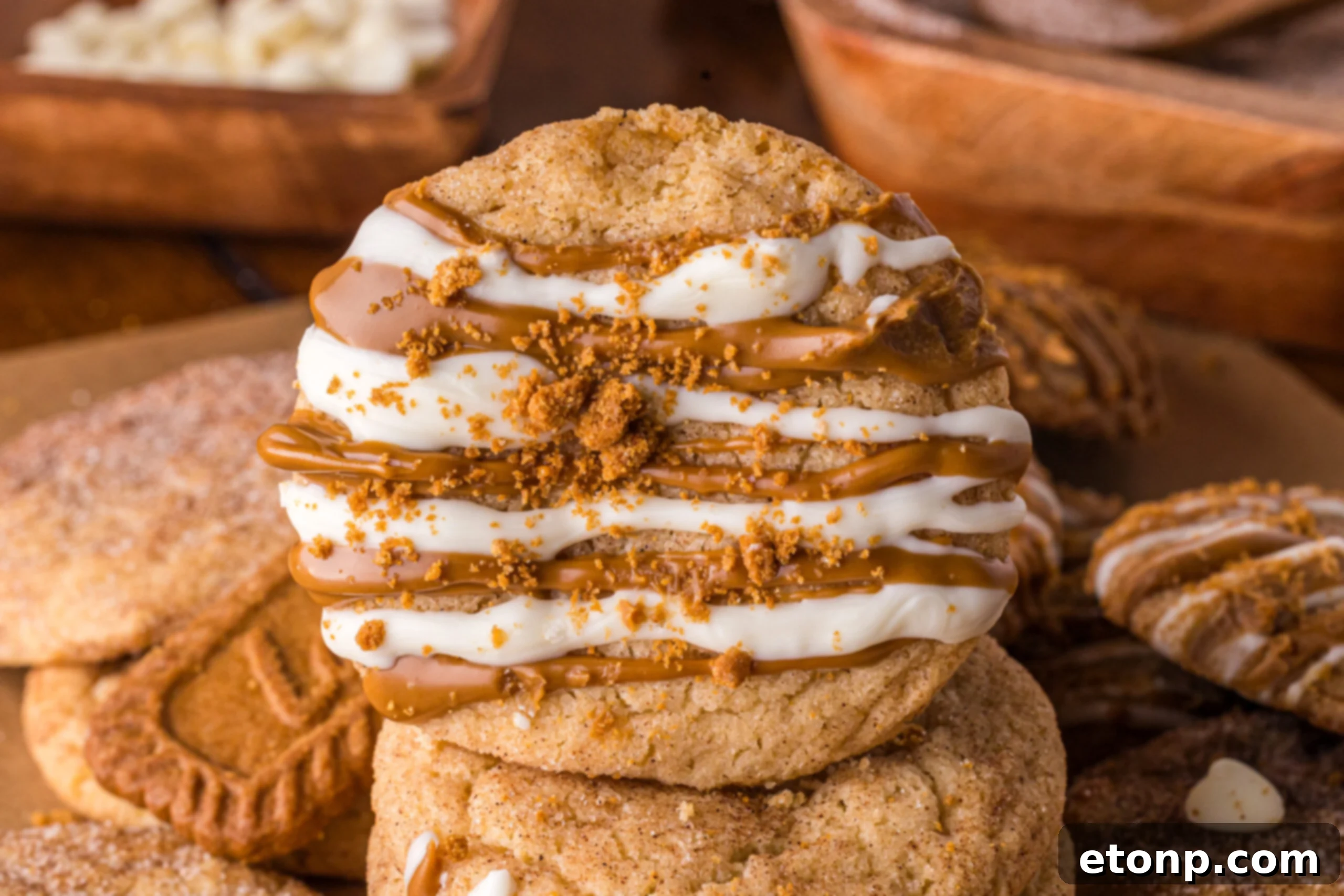 Biscoff Bliss: Soft-Baked Cinnamon Butter Cookies 17 Close up of stacked Biscoff Snickerdoodle Cookies