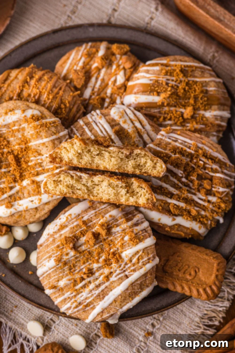 Biscoff Bliss: Soft-Baked Cinnamon Butter Cookies 26 Biscoff Snickerdoodle Cookies on a round plate with cookies and milk