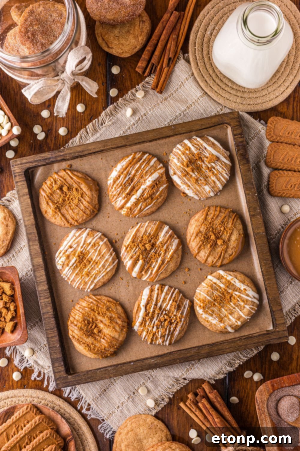 Biscoff Bliss: Soft-Baked Cinnamon Butter Cookies 4 Cookie sheet with Biscoff Snickerdoodle Cookies and holiday items