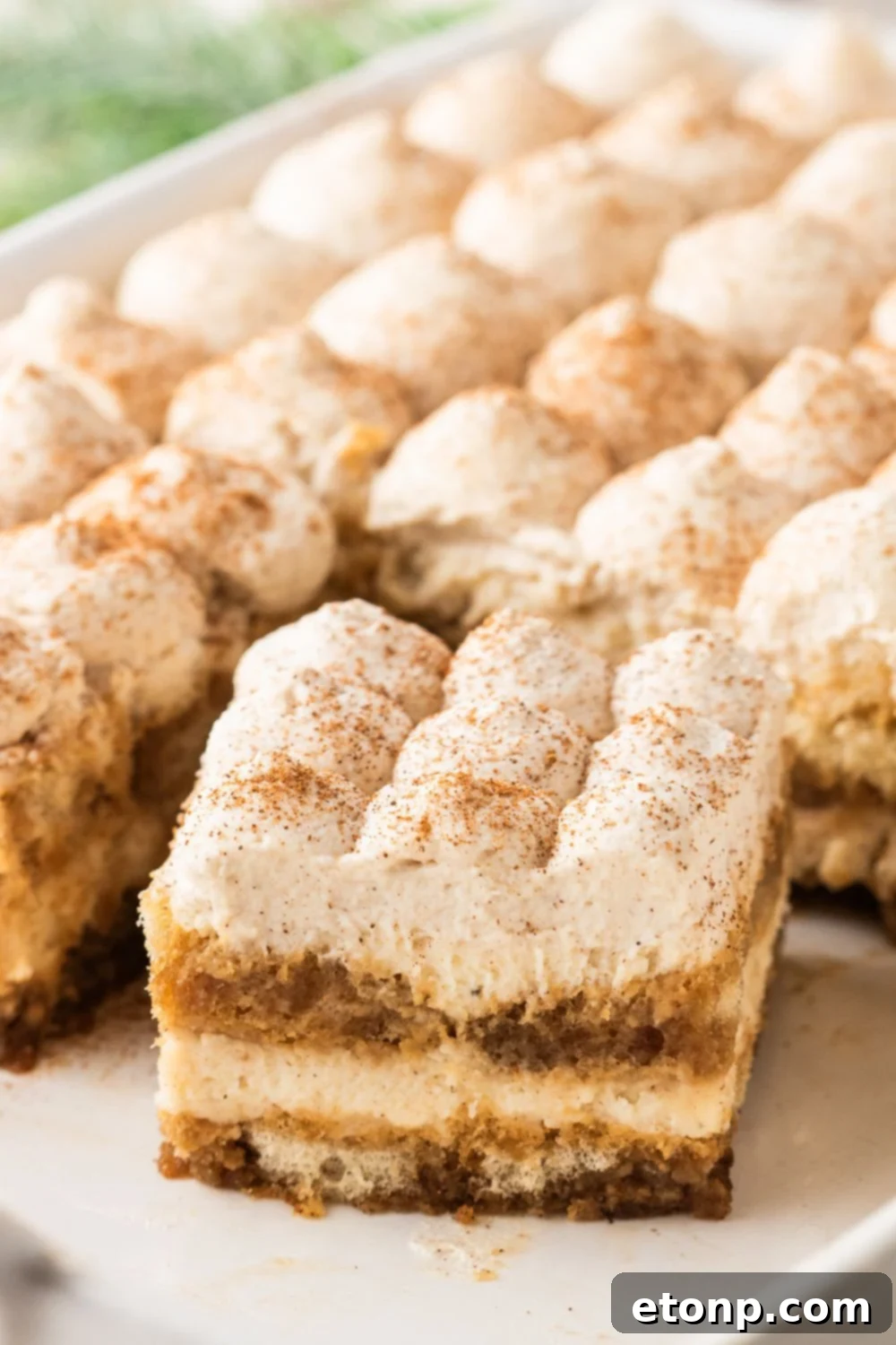 Eggnog Tiramisu: A Festive Holiday Treat 20 Eggnog Tiramisu in a casserole pan with one slice turned sideways