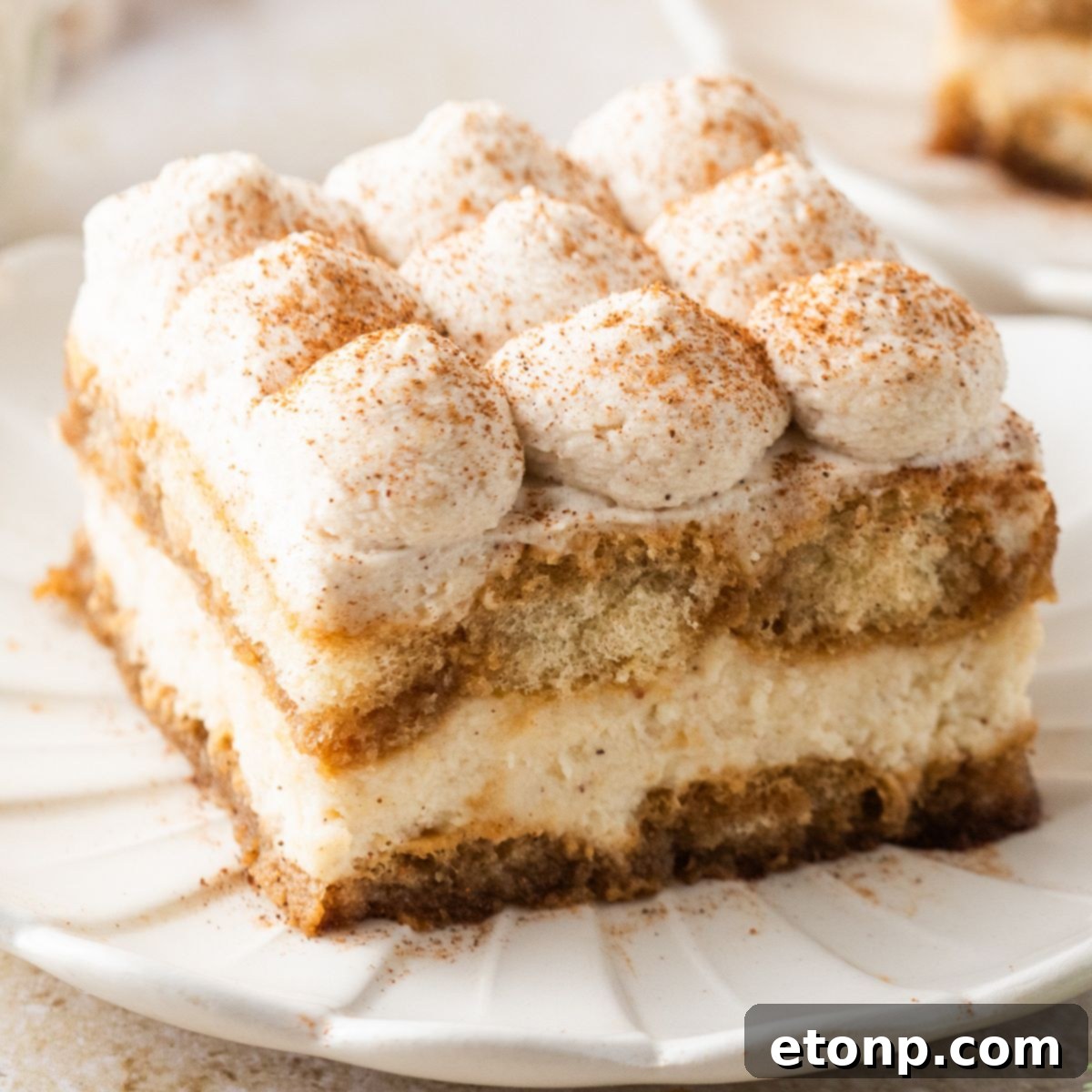 Eggnog Tiramisu: A Festive Holiday Treat 3 Slice of Eggnog Tiramisu on a white plate on table