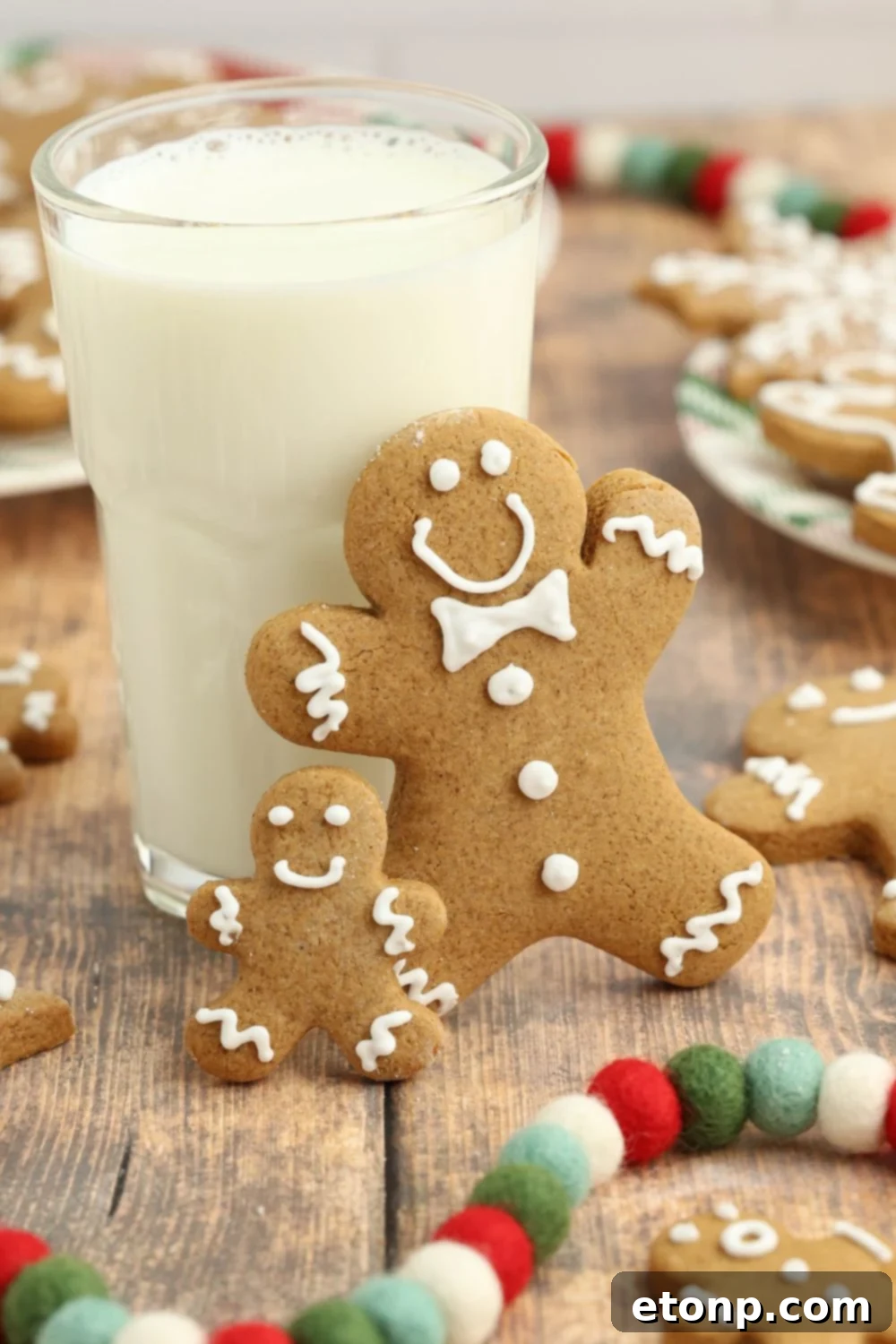 Tall glass of milk with two gingerbread cookies on the side, with more cookies on the table.