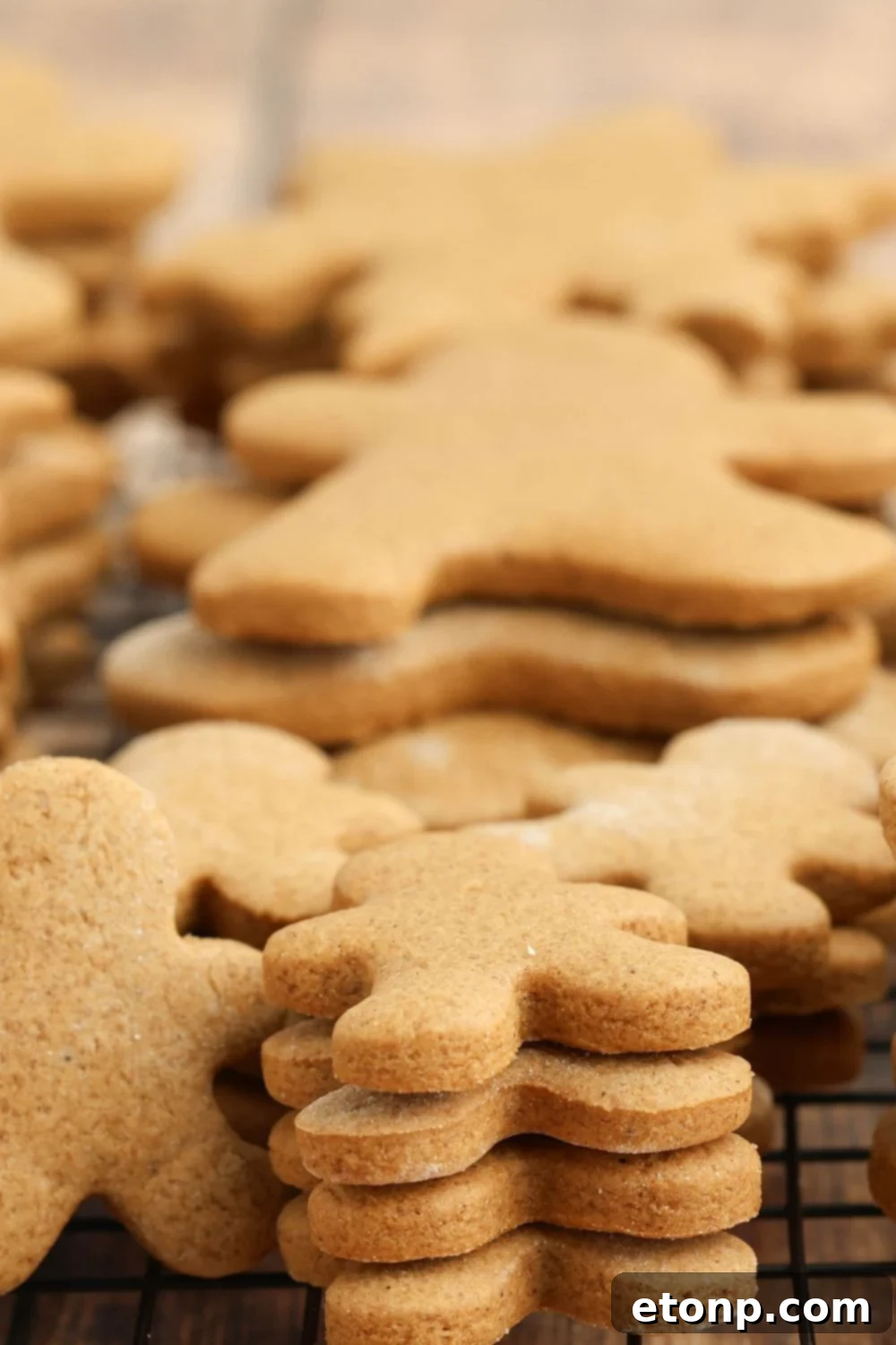 Stack of unfrosted gingerbread cookies on a table.