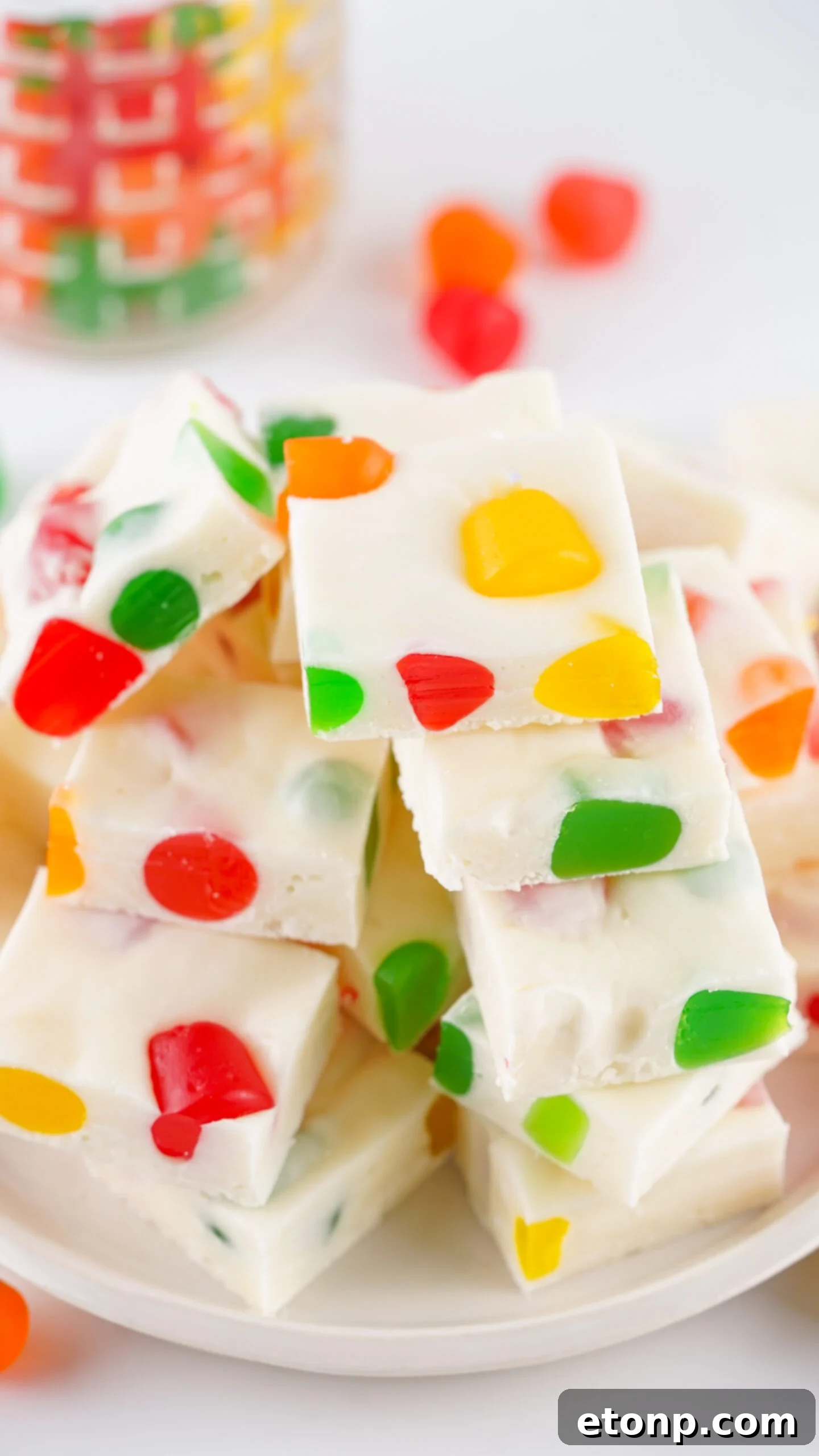 Holiday Gumdrop Nougat: A Nostalgic Christmas Treat 20 Plate full of stacked Christmas Gumdrop Nougat Candy