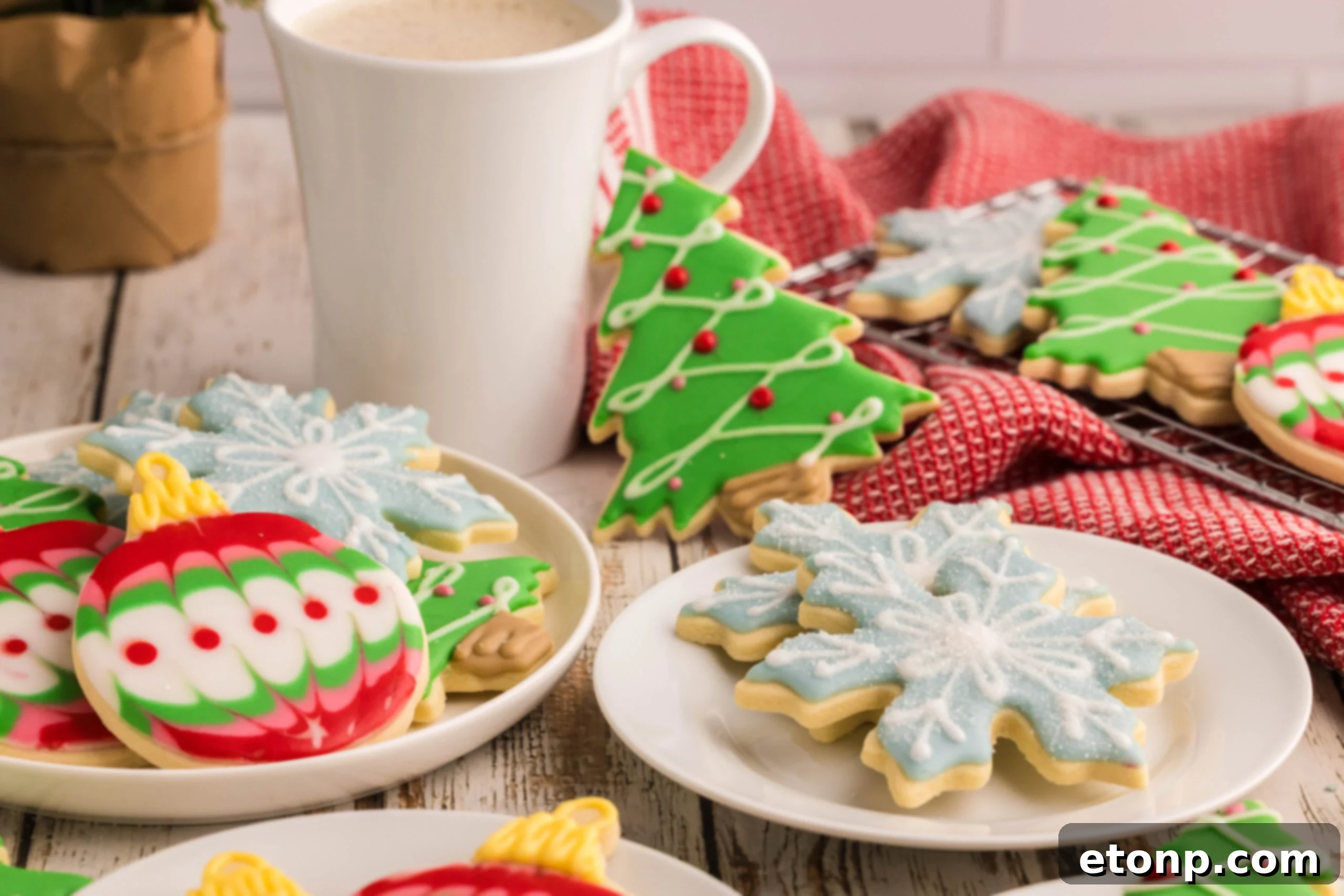 Adorned Sugar Cookies: Soft, Shapely, and Icing-Ready 35 White plate of Christmas sugar cookies with royal icing.
