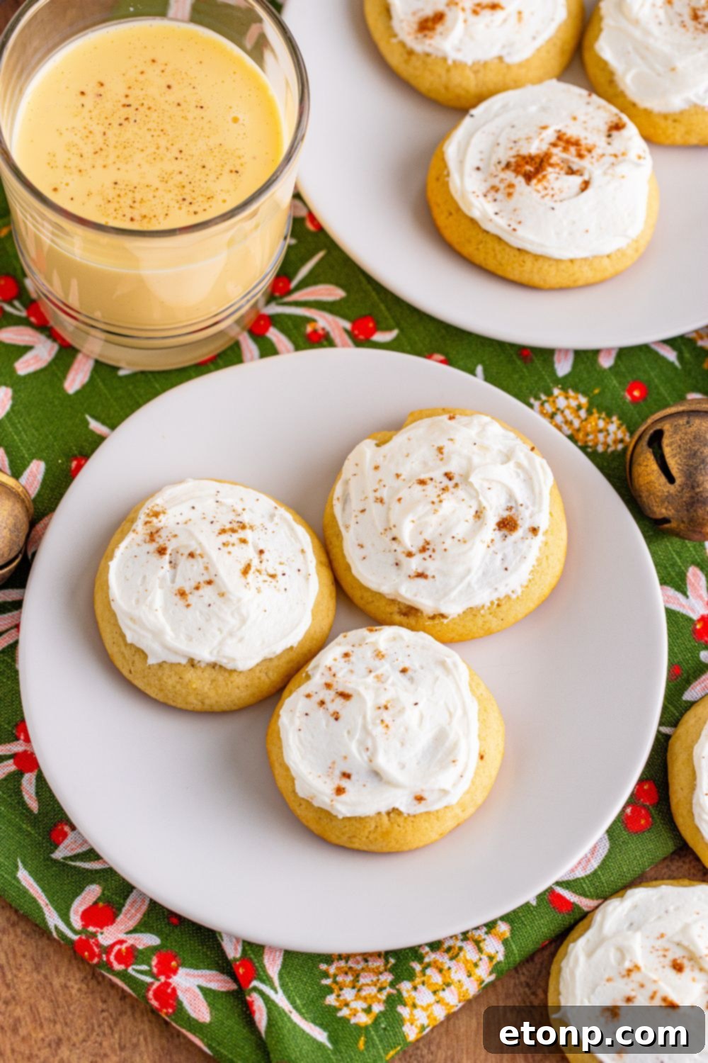 Soft Frosted Eggnog Cookies (Bakery Style Holiday Cookies) Delectable Holiday Eggnog Delights 14 Soft baked eggnog cookies with plates
