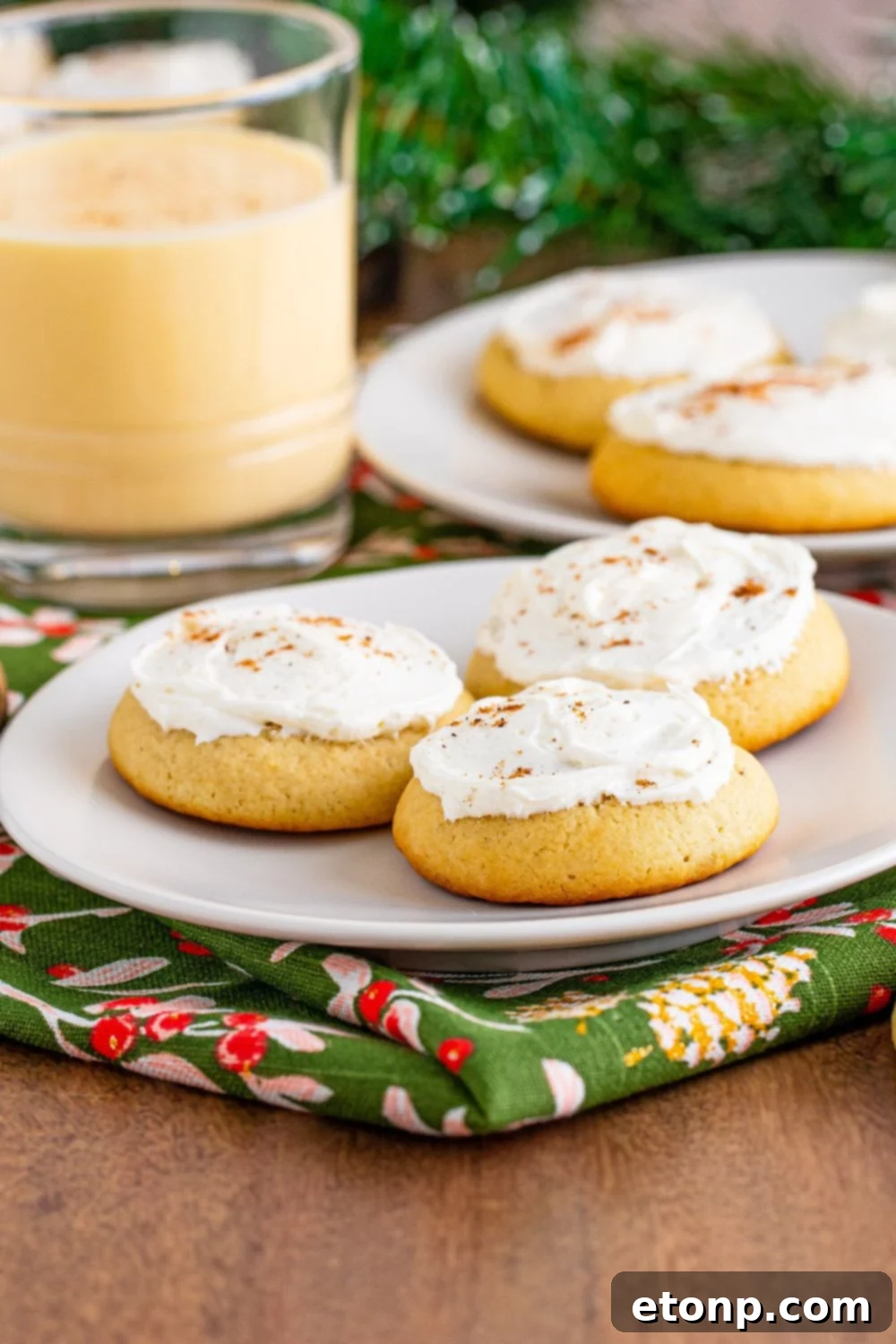 Soft Frosted Eggnog Cookies (Bakery Style Holiday Cookies) Delectable Holiday Eggnog Delights 16 Plates full of cookies with eggnog
