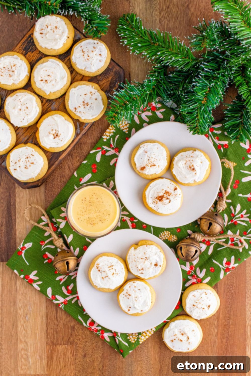 Soft Frosted Eggnog Cookies (Bakery Style Holiday Cookies) Delectable Holiday Eggnog Delights 3 Soft Frosted Eggnog Cookies on plates