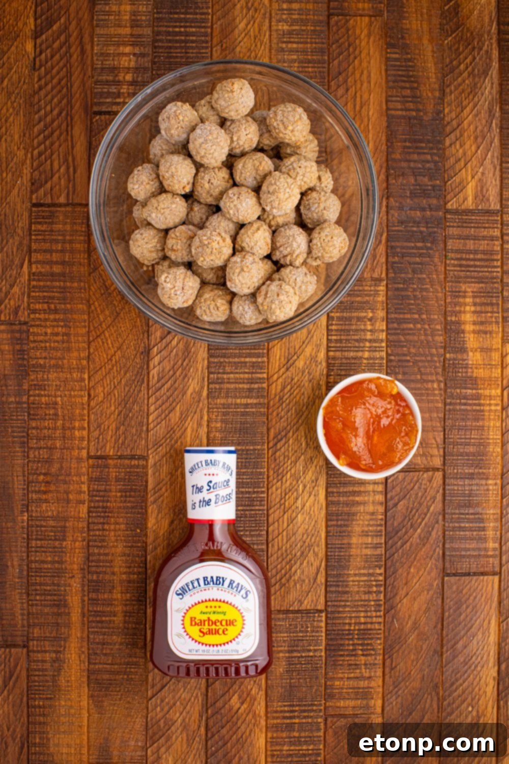 The simple ingredients for Peach BBQ Meatballs: meatballs, BBQ sauce, and peach preserves.