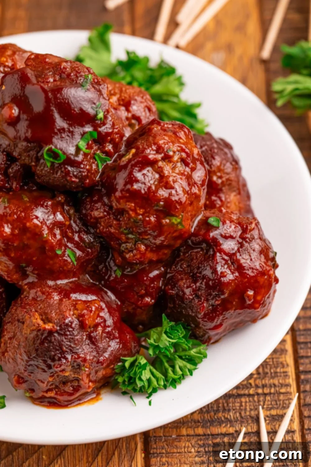 Slow-Cooker BBQ Meatball Magic 21 Overhead view of a plate full of homemade meatballs