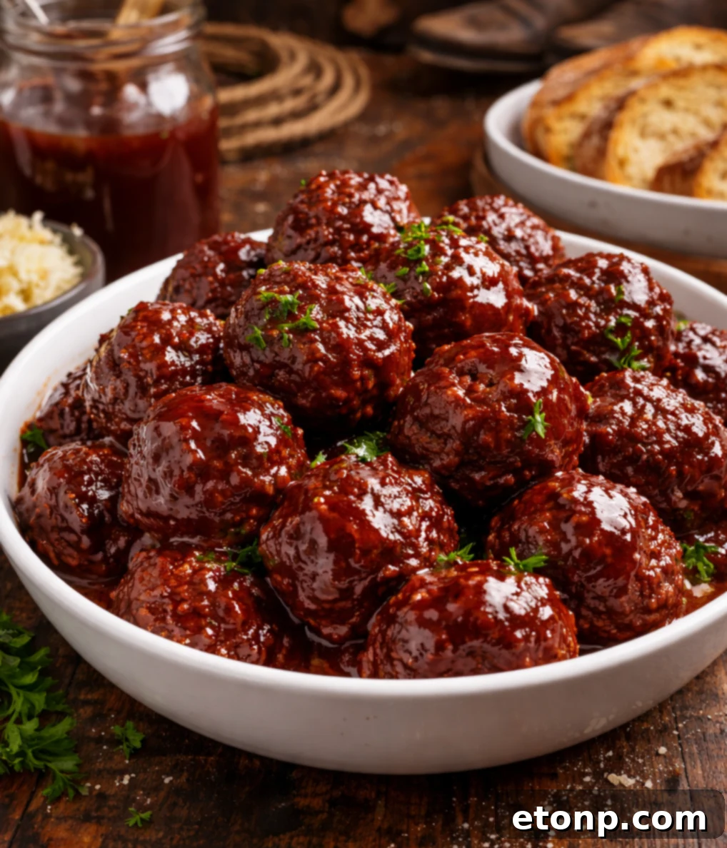 Slow-Cooker BBQ Meatball Magic 5 Crockpot Homemade BBQ Meatballs served in a white bowl