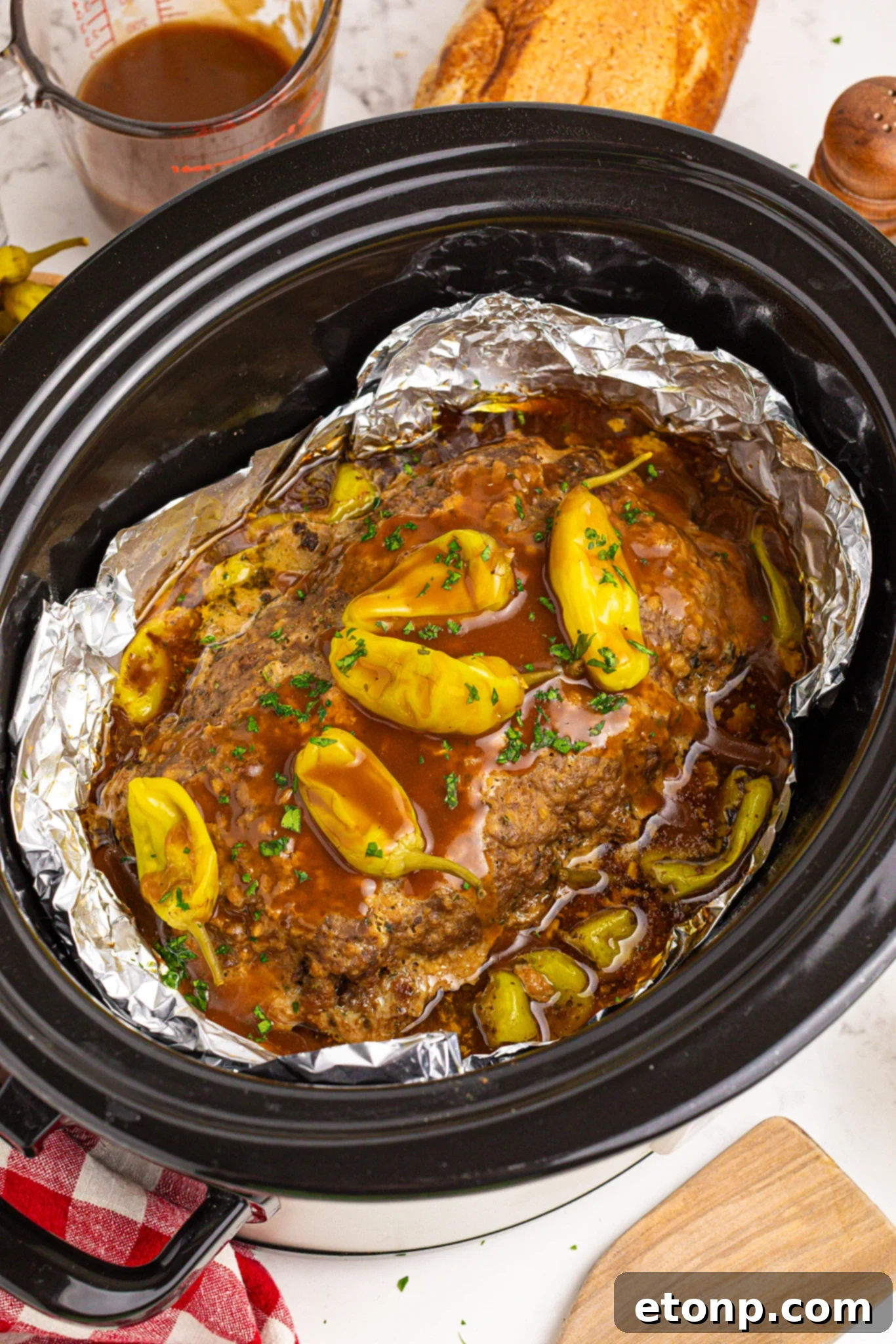 Crockpot Mississippi Meatloaf in a slow cooker