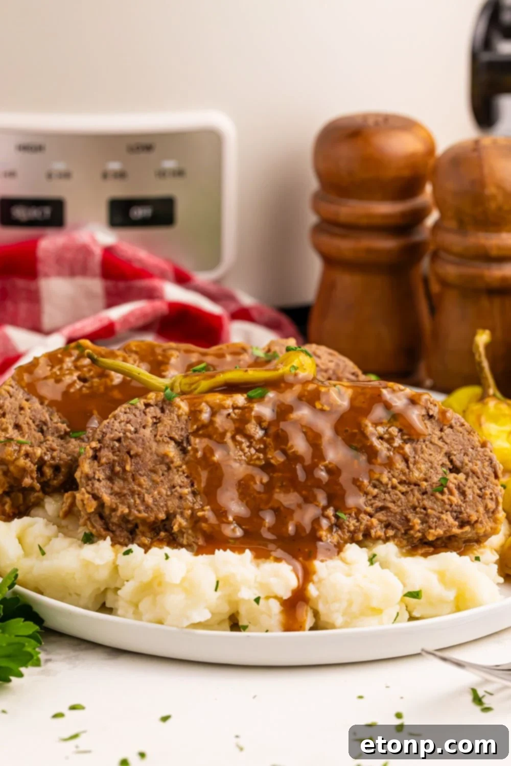 Crockpot Mississippi Meatloaf with mashed potatoes