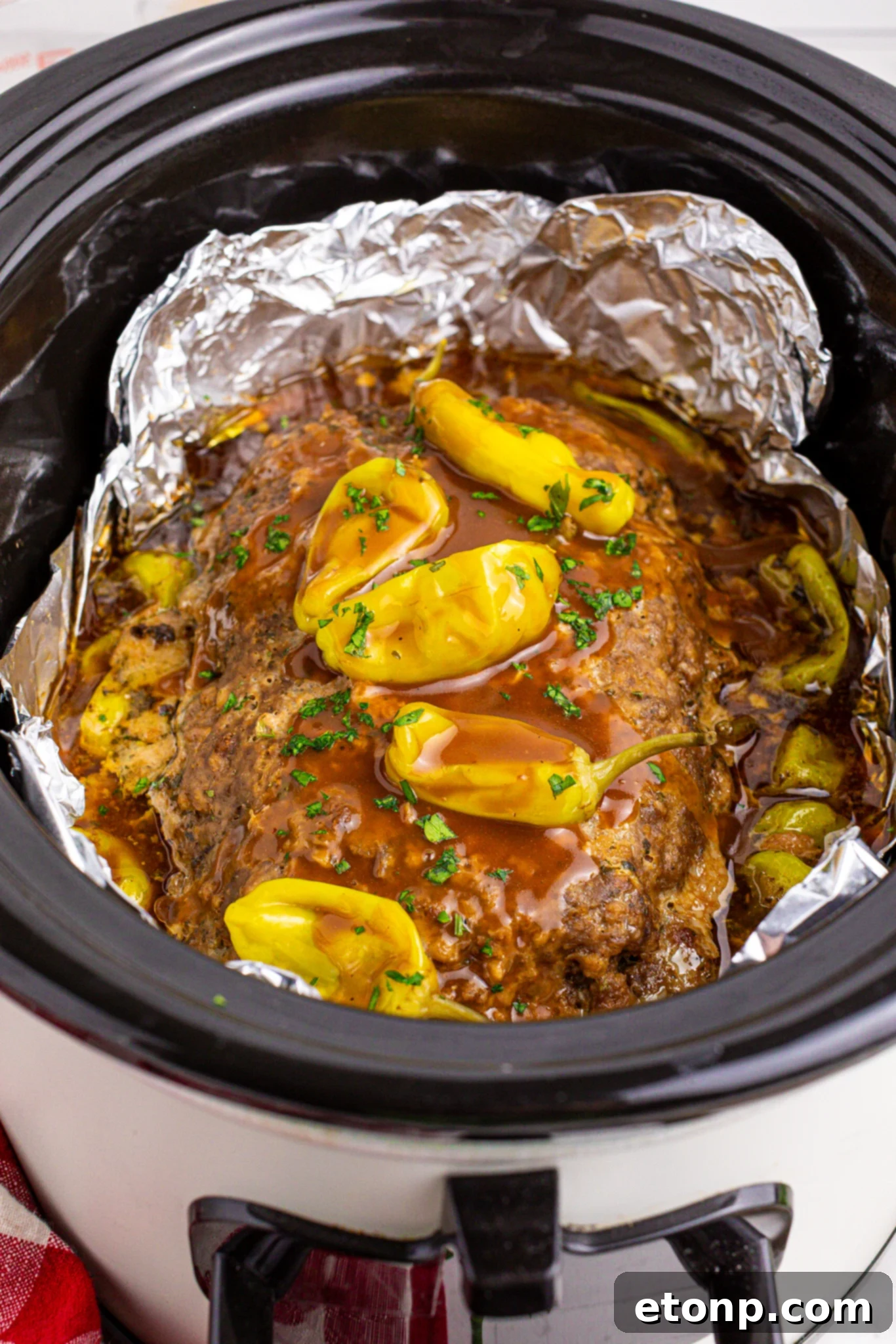 Crockpot Mississippi Meatloaf in slow cooker