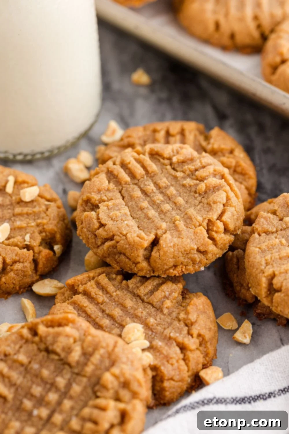Four-Ingredient Peanut Butter Bliss: The Simplest Cookie Recipe Ever 16 Four Ingredient Peanut Butter Cookies spread around table with milk