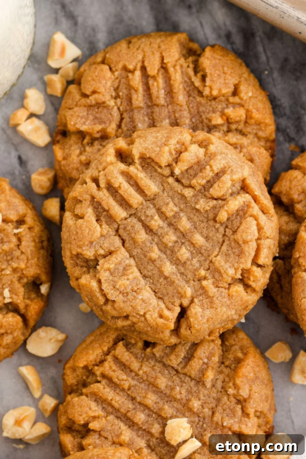 Four-Ingredient Peanut Butter Bliss: The Simplest Cookie Recipe Ever 4 Close up of peanut butter cookies on a marble counter with peanuts