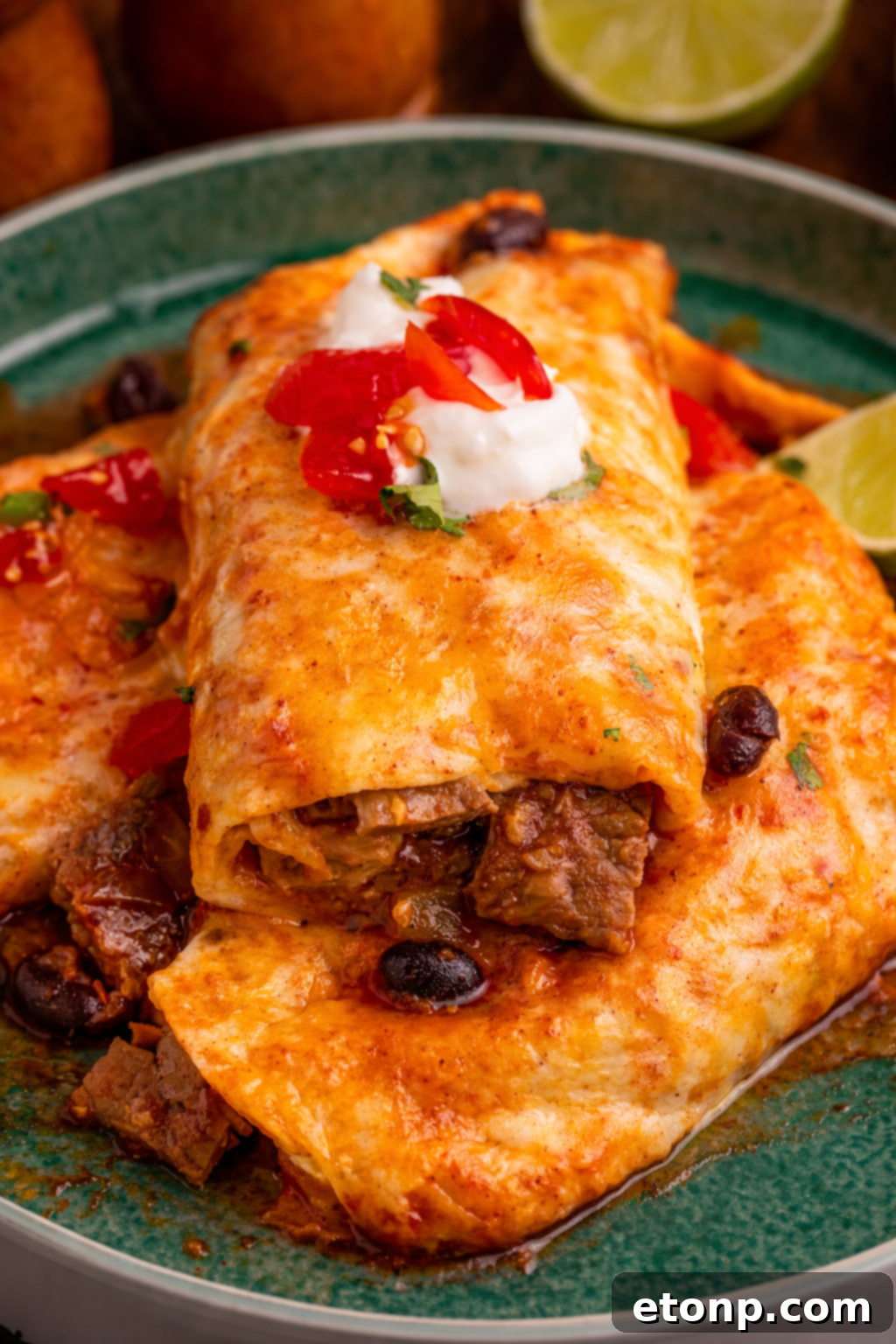 Beefy Enchiladas: A Fiesta of Flavor 2 Steak Enchiladas plated with sour cream and diced tomatoes