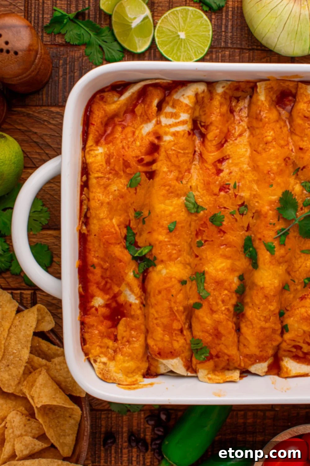 Beefy Enchiladas: A Fiesta of Flavor 14 Steak Enchiladas with limes and tortilla chips