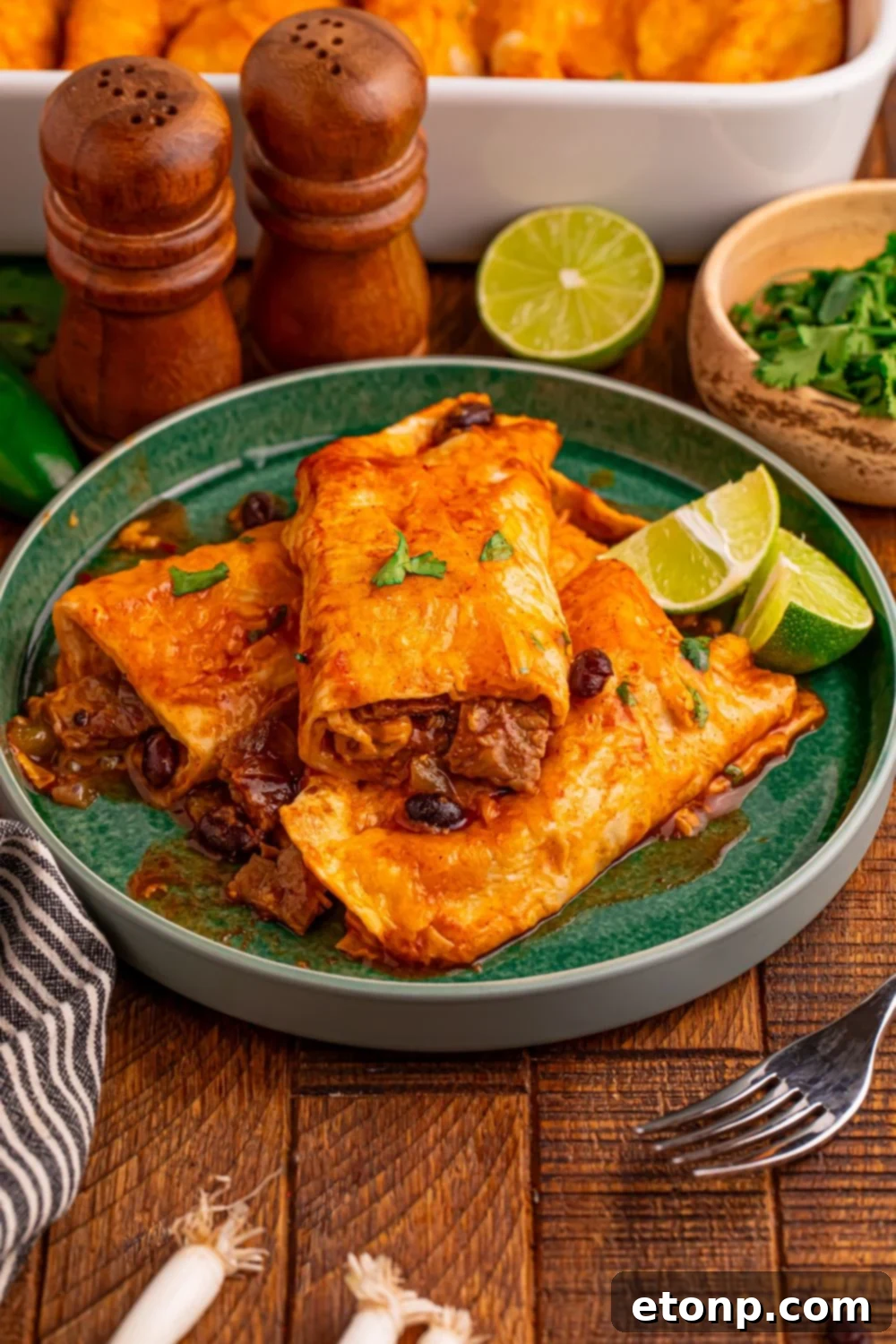 Beefy Enchiladas: A Fiesta of Flavor 20 Steak Enchiladas plated with sides