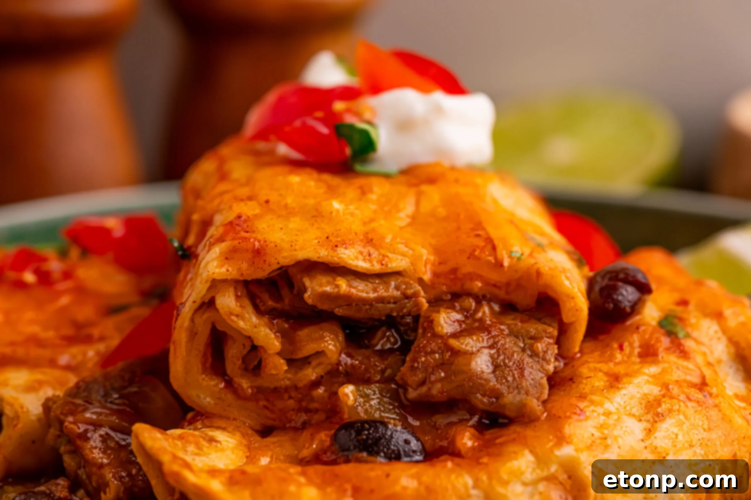 Beefy Enchiladas: A Fiesta of Flavor 25 Steak Enchiladas plated with sour cream and tomatoes