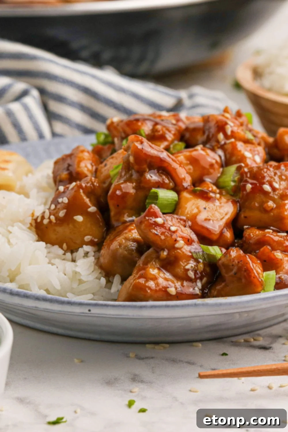 Bourbon Chicken with rice on a plate
