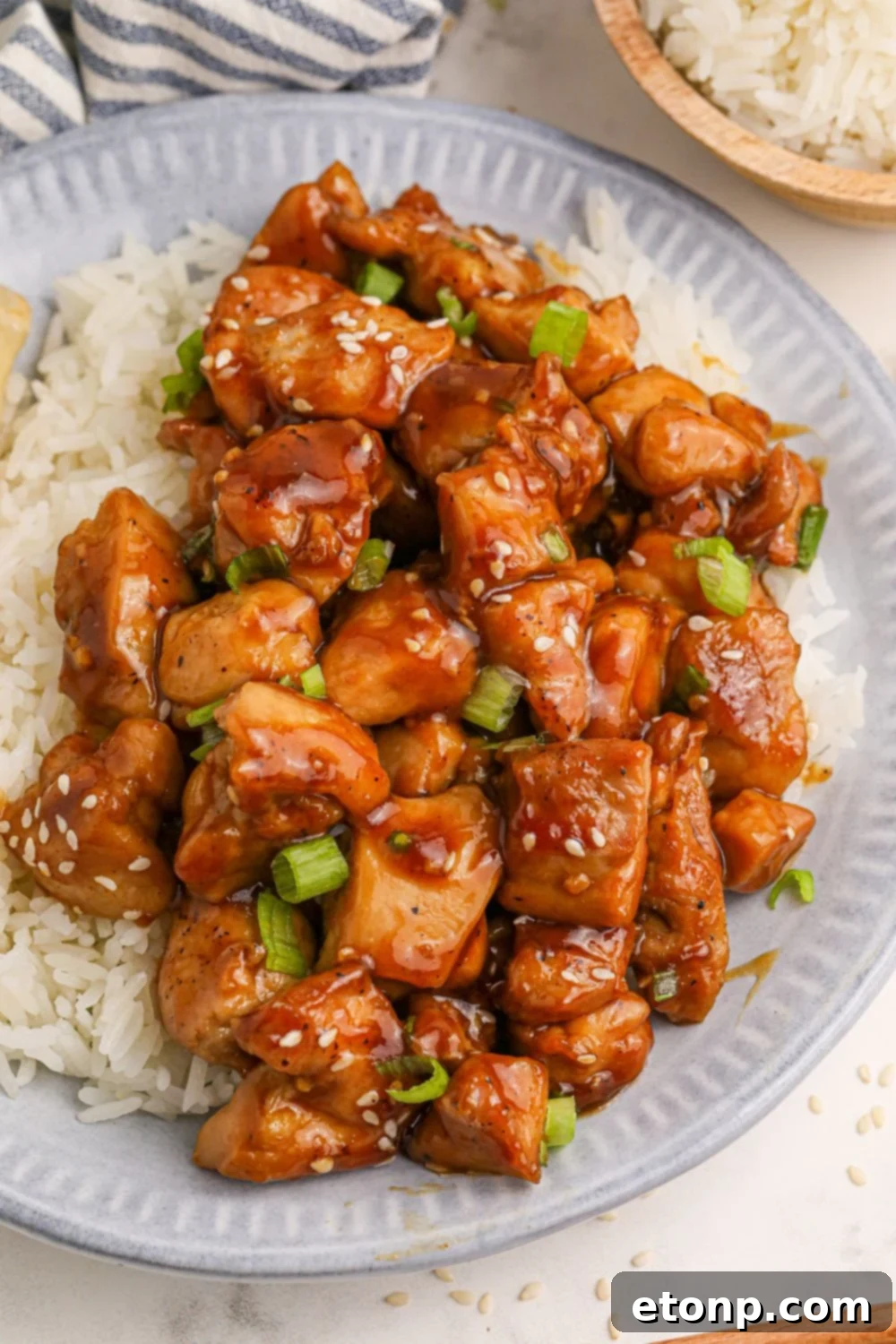 Bourbon Chicken and rice on a table