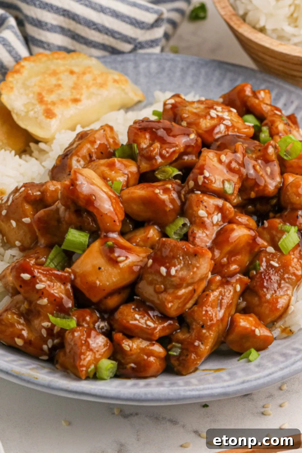 Close-up of Bourbon Chicken and rice on a plate