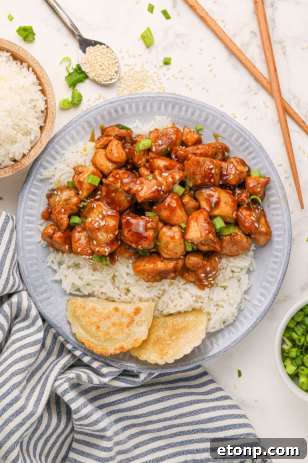 Bourbon Chicken and rice on a table