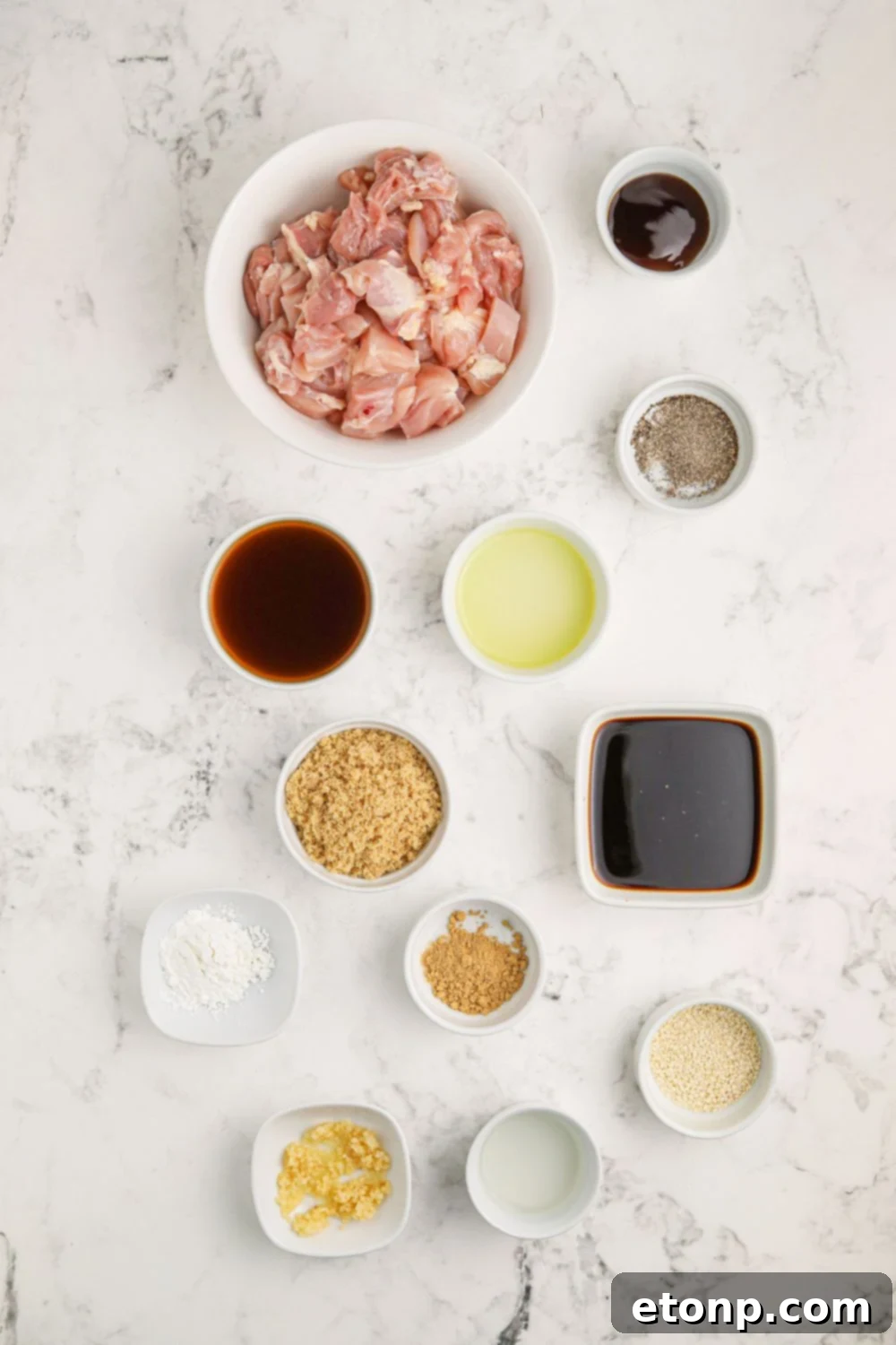 Ingredients for Bourbon Chicken Skillet in small bowls