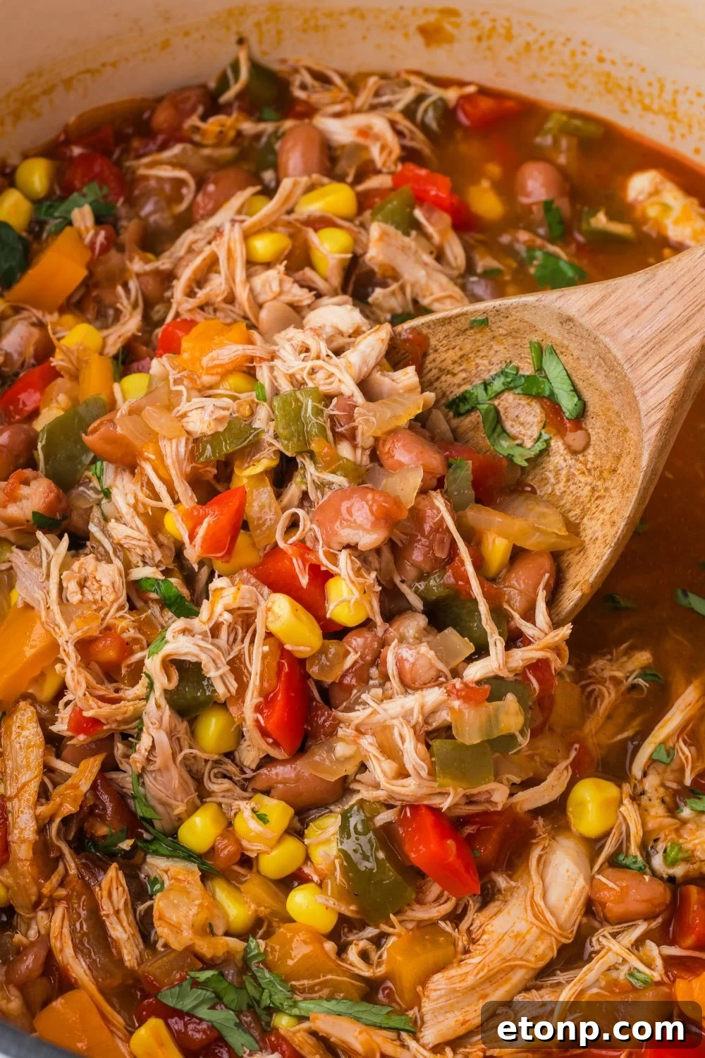 Southwestern Chicken Soup in a pot with a wooden spoon scooping up some of the soup 