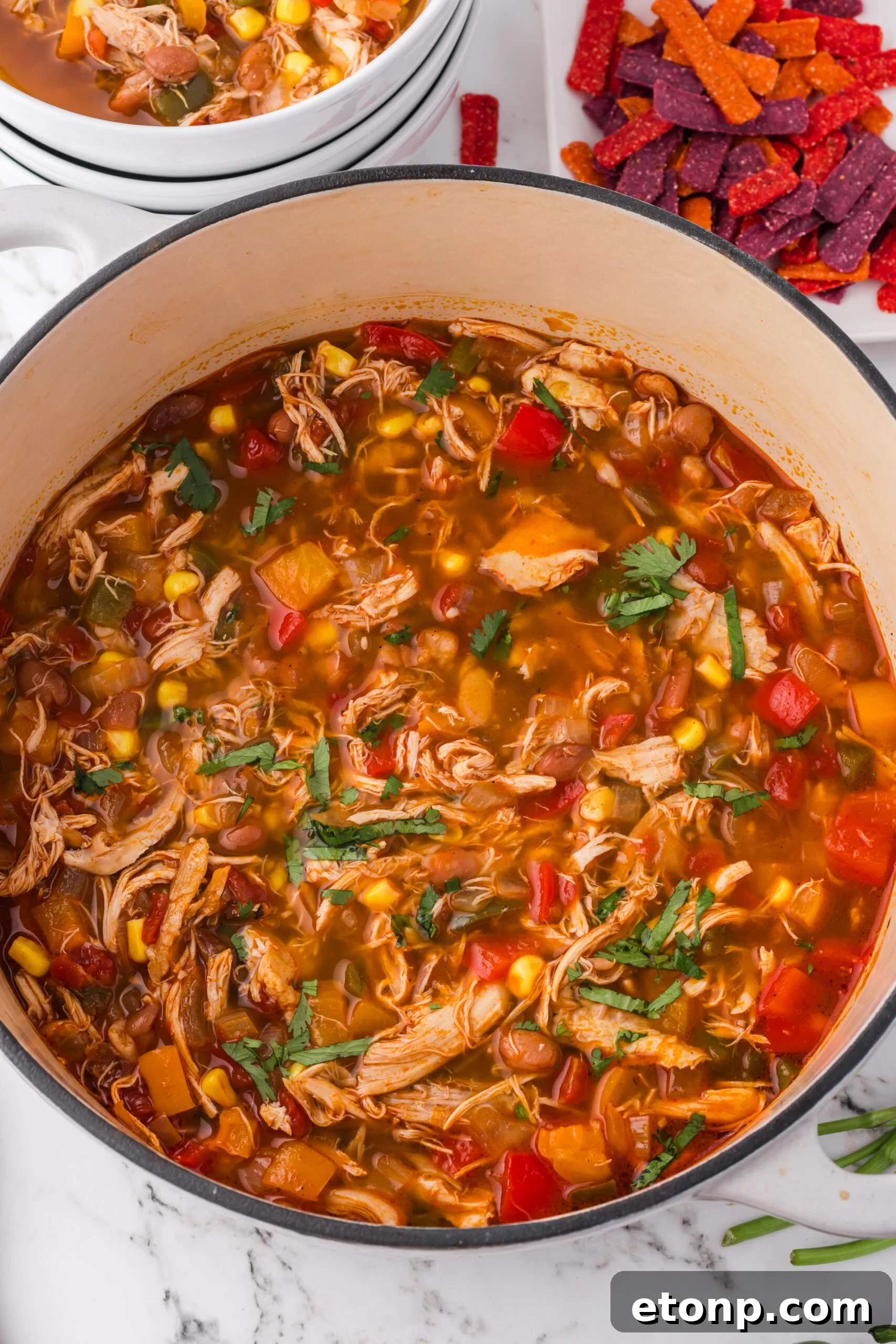 Southwestern Chicken Soup in a white pot overhead